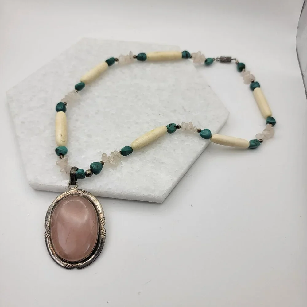 Navajo 925 Sterling Silver Rose Quartz Turquoise Bone Necklace - Picture 1 of 5